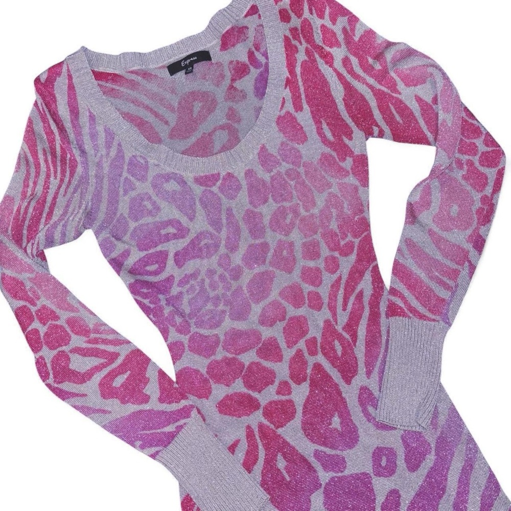EXPRESS Vintage Y2K Pink & Silver Animal Print Sheer Sweater Size XS